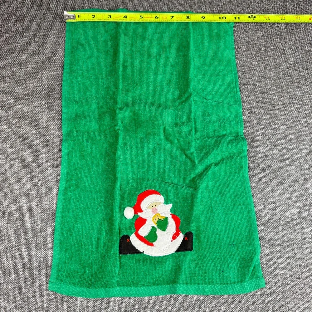 Cecil Saydah Christmas Towel Set 3pc Green Santa Applique Ramie Cotton Excellent